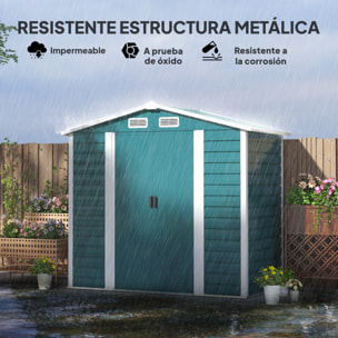 Caseta de Jardín Exterior 2,36m² 213x120x194 cm Cobertizo de Jardín Exterior con Base Refuerzo (Suelo NO Incluido) Puertas Correderas Dobles Candado Ventanas Verde Oscuro