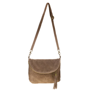 Borsa a Spalla da Donna Cenerente Vera Pelle Scamosciata Made in Italy 24x3x19 Cm. Marrone chiaro