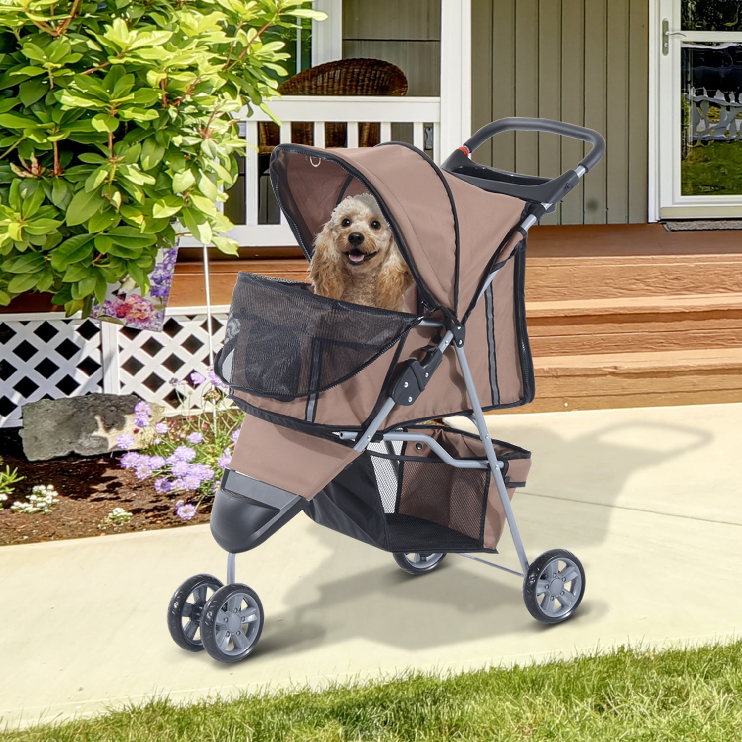 Poussette buggy pour chien chat animaux roue avant pivotante 360 degrés marron