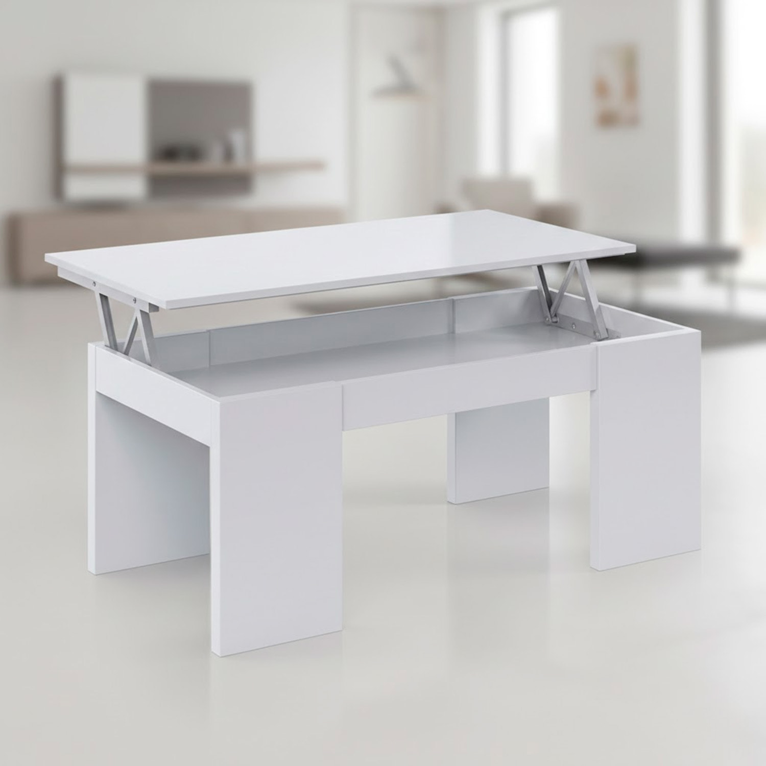 Tavolino da Caffè Con Piano Rialzabile Con Vano Contenitore Alzabile Tavolo da Salotto Moderno Salvaspazio Ideale per Lavorare 100 x 50 x 42 cm Bianco