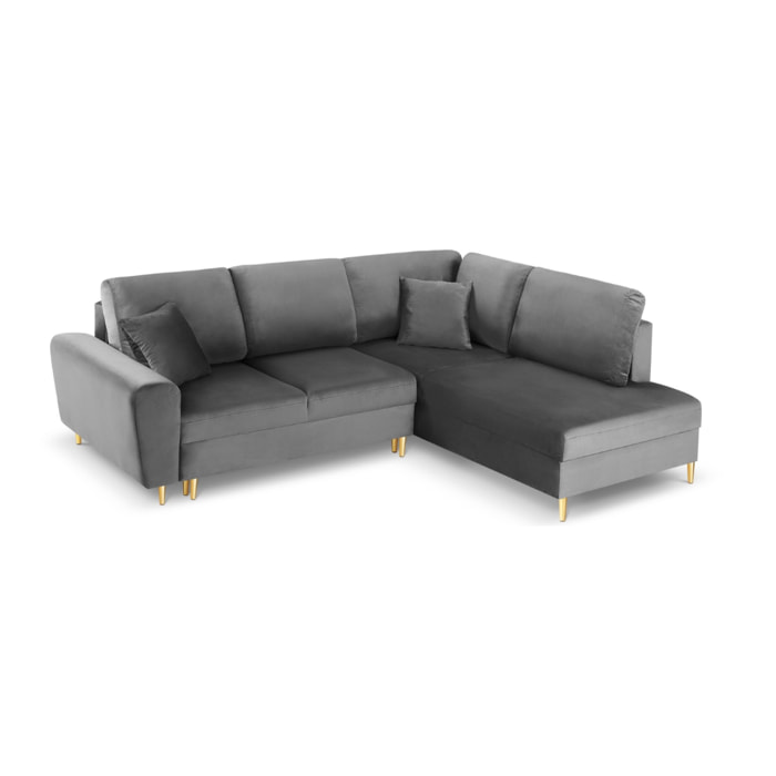 Canapé d'angle droit convertible avec coffre de rangement "Kyoto" 5 places en velours gris clair