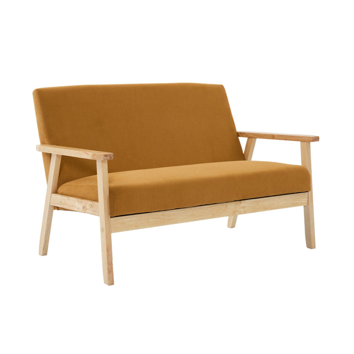Banquette canapé 2 places en bois et tissu velours côtelé coloris moutarde. Isak. L 114 x P 69.5 x H 73cm