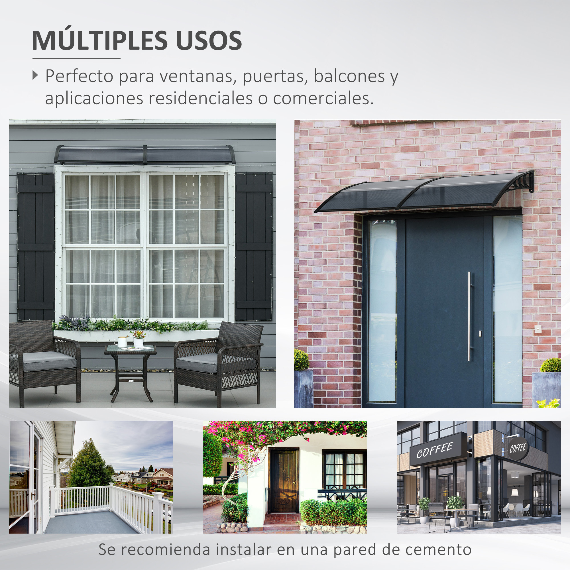 Marquesina Exterior para Puertas y Ventanas 196x75 cm Tejadillo de Protección contra Sol y Lluvia con Cubierta de Policarbonato Negro