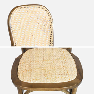 Lot de 4 chaises vintage en bois avec assise et dossier en rotin. coloris marron vieilli. L 44.5 x P 48 x H 89.5cm