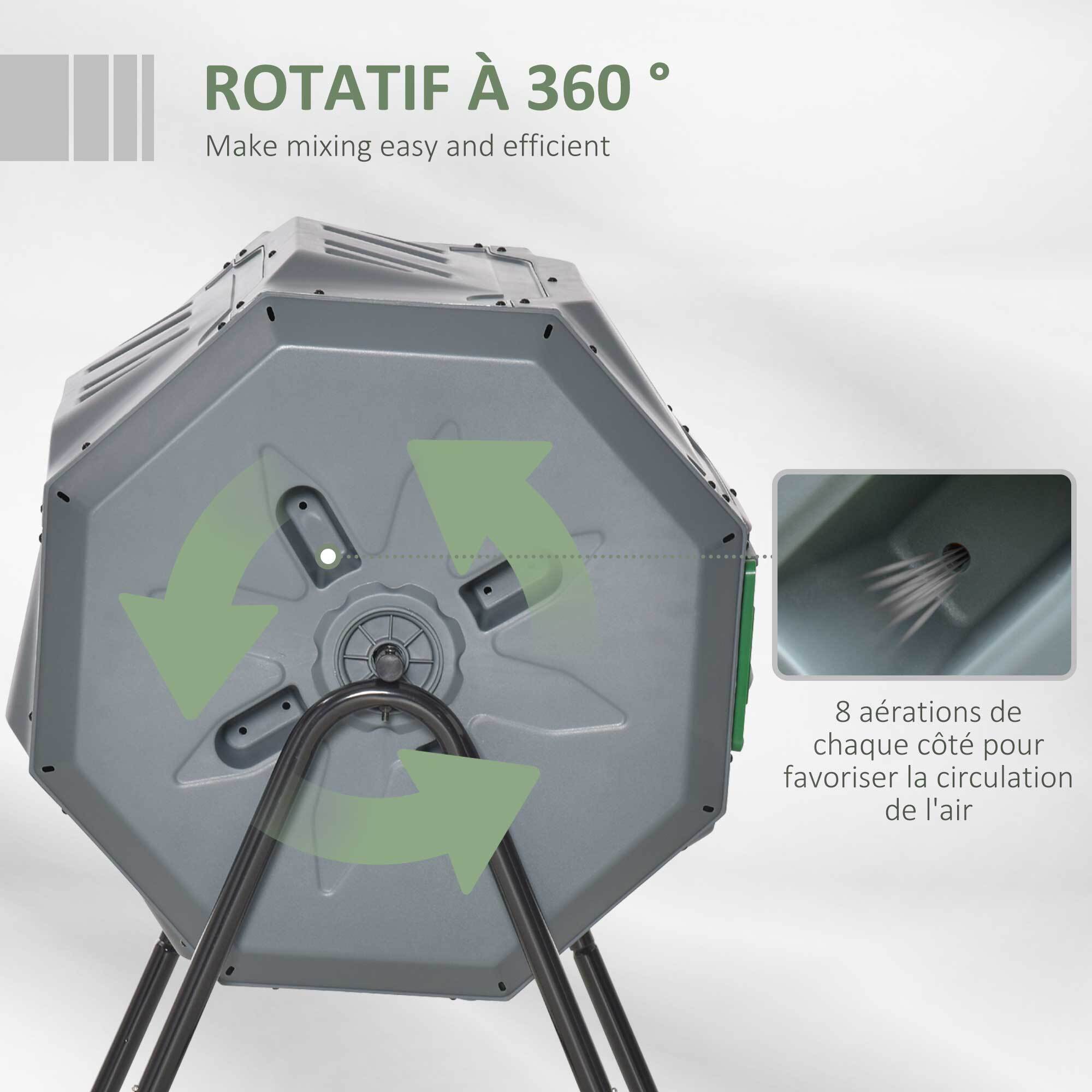 Composteur de jardin - bac à compost pour déchets - rotatif 360° - double chambre 160 L - acier noir PP vert gris