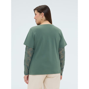 Fiorella Rubino - T-shirt con maniche e scollo in pizzo - Verde militare