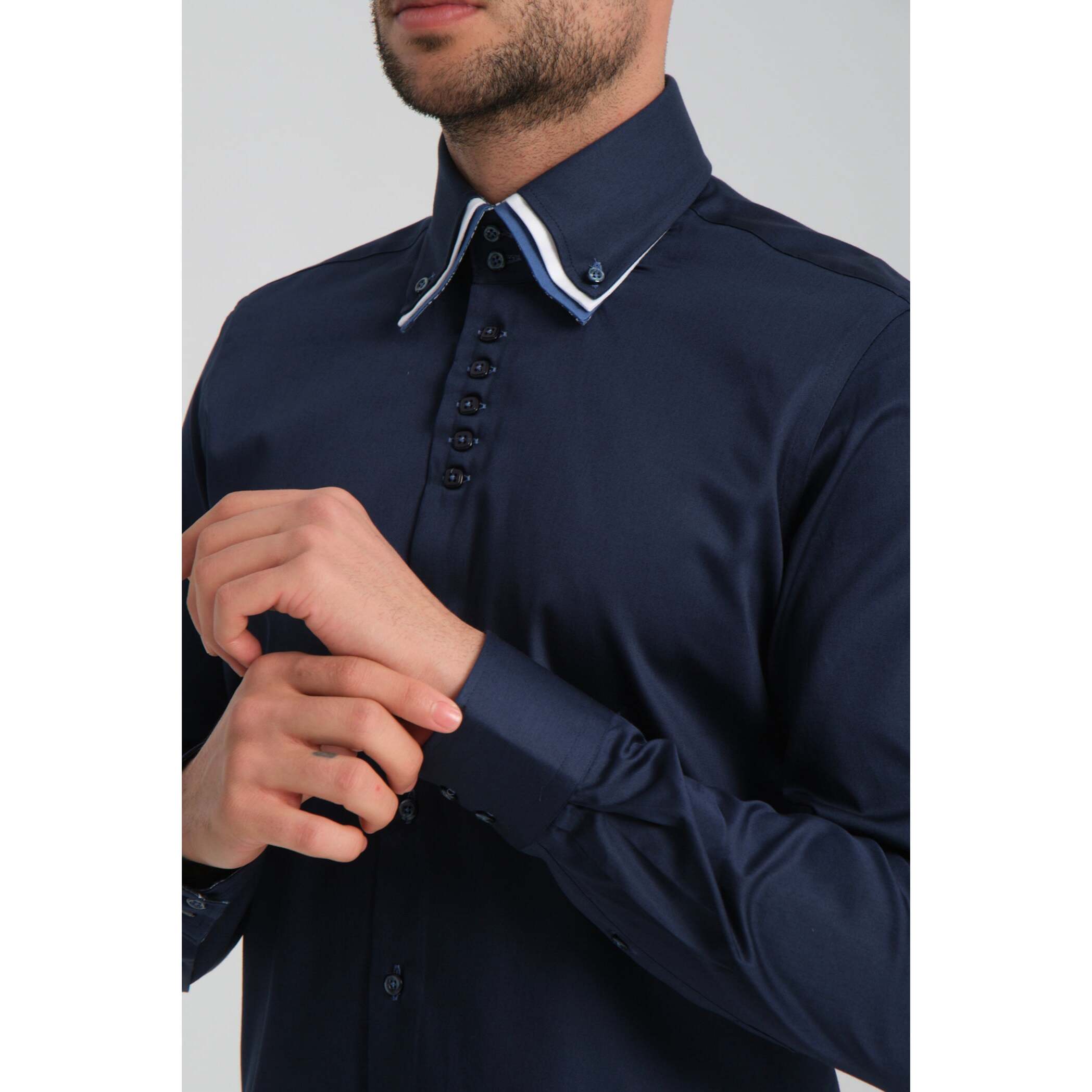Camicia Uomo 2 Bottoni Button Down Triplo Collo Slim Satin Unito Blu
