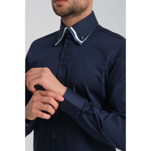 Camicia Uomo 2 Bottoni Button Down Triplo Collo Slim Satin Unito Blu