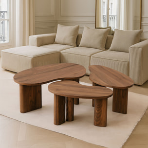 Lot de 3 tables basses aux formes organiques effet bois de noyer CHARLIE