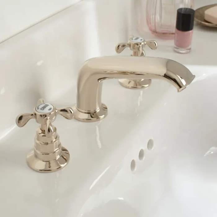 Mitigeur lavabo 3 trous rétro Cleo poignées à croisillon or beige