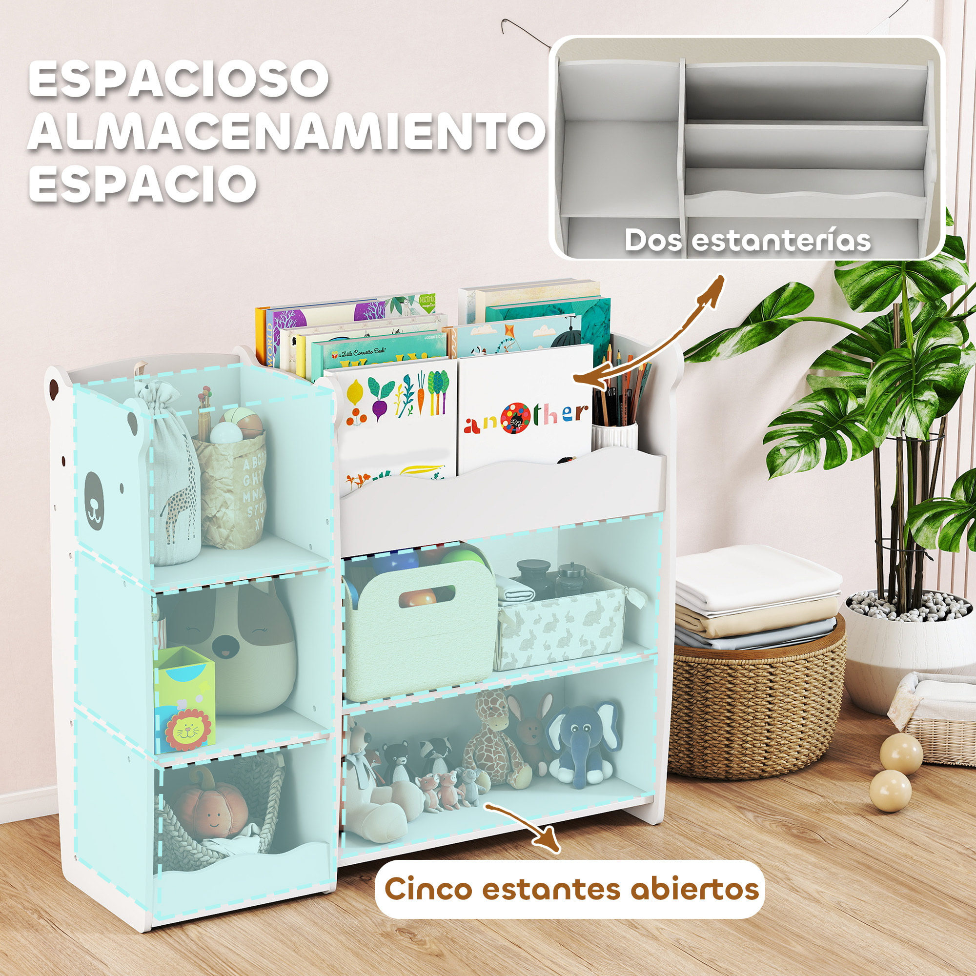 Estantería Infantil para Juguetes con Estantes Abiertos, Compartimentos, Diseño de Ositos, Organizador de Juguetes para Dormitorio, Sala de Juegos, Guardería, Blanco
