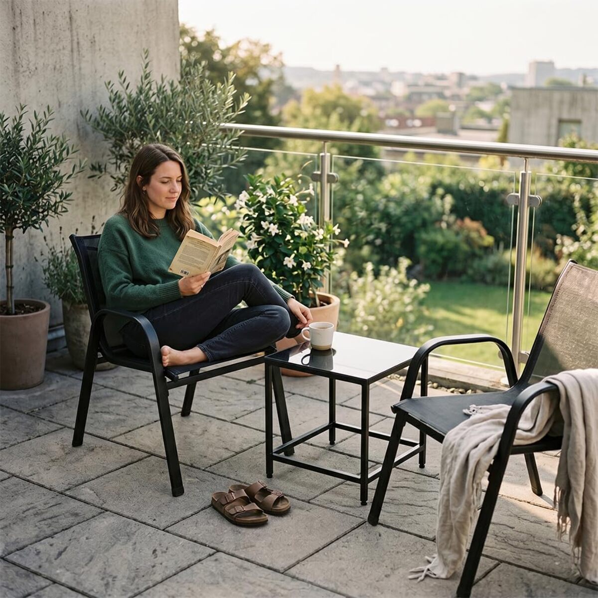 Salotto da giardino in ferro zincato con 2 sedie e tavolino con vetro temperato, set outdoor resistente verniciato a polvere, ideale per balcone terrazzo e giardino, design compatto e moderno, facile da pulire e durevole per esterno