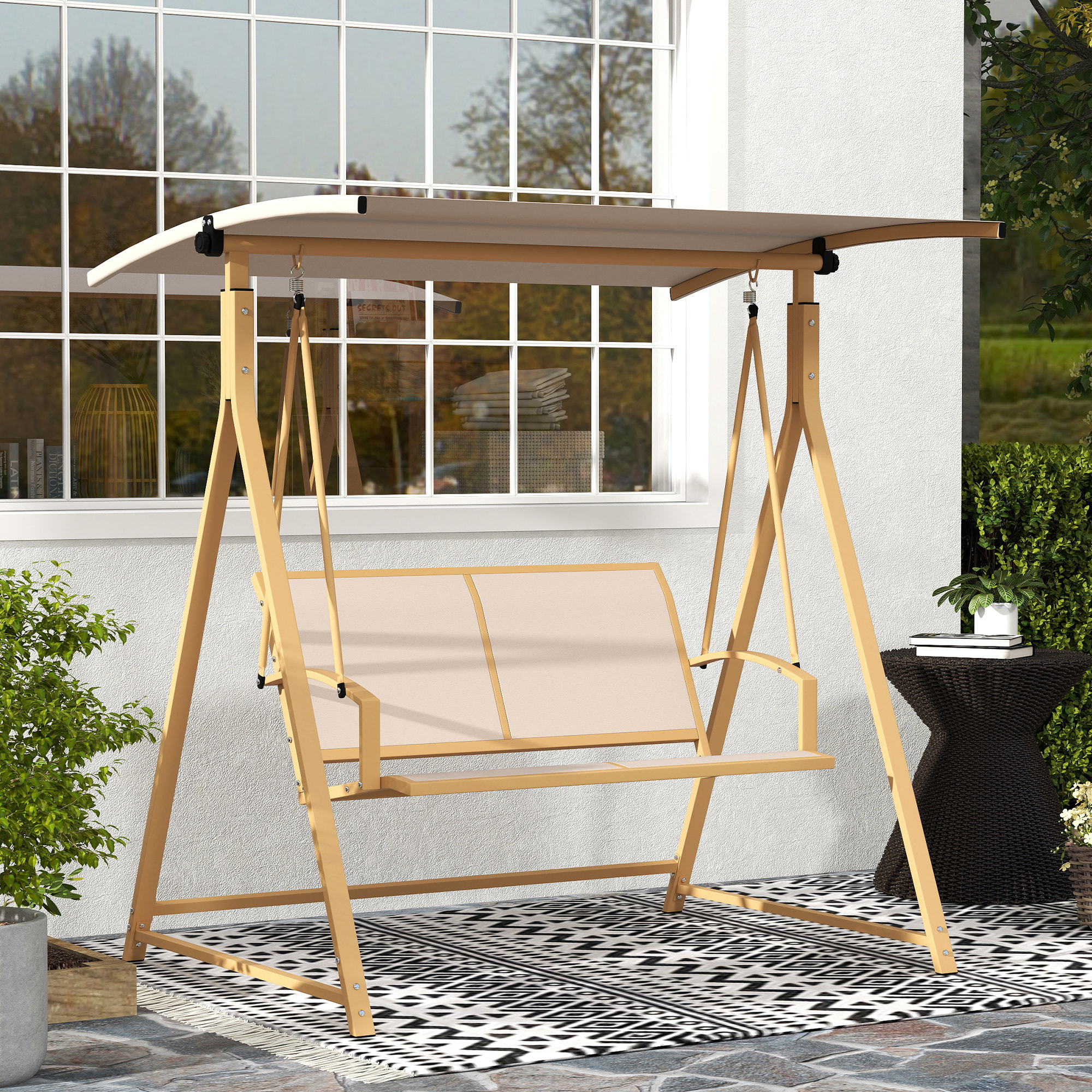 Columpio de Jardín Exterior de 2 Plazas Balancín de Jardín Exterior con Toldo Ajustable 90° Protección UV 30+ y Estructura Triangular de Metal Carga 220 kg 160x112x162 cm Caqui