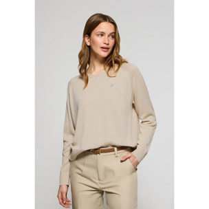 Maglione beige con scollo a V in cotone e lino e monogramma ricamato