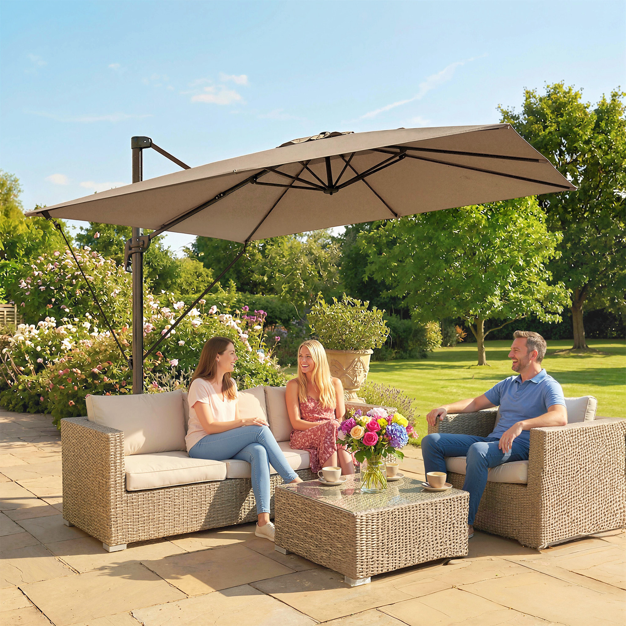 Sombrilla de Jardín 2,9x2,9 m, Parasol Excéntrico de Aluminio con Manivela, Toldo Giratorio 360°, Inclinación Ajustable, Base Cruzada y Funda, UPF30+, Sombrilla para Terraza Exterior, Caqui