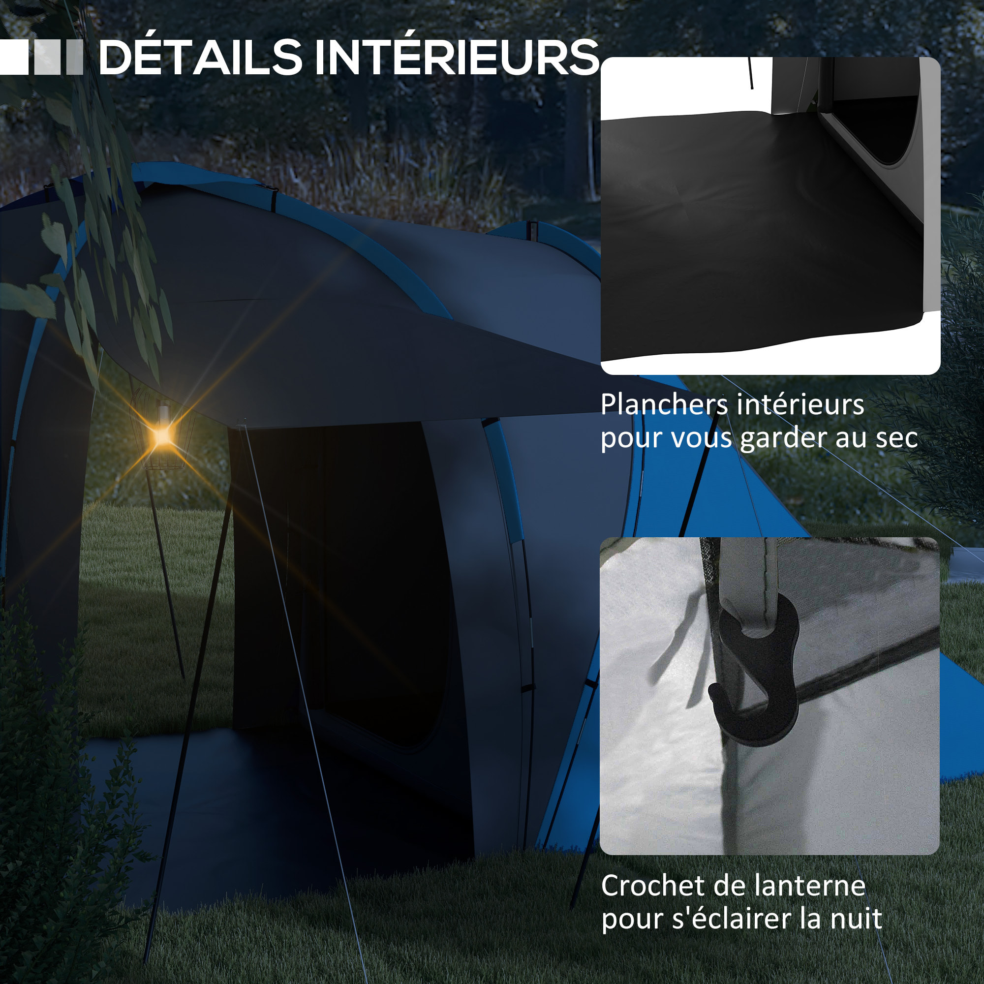 Tente de camping familiale 4-6 pers. - tente tunnel 2 grandes portes sac inclus - fibre verre polyester gris bleu