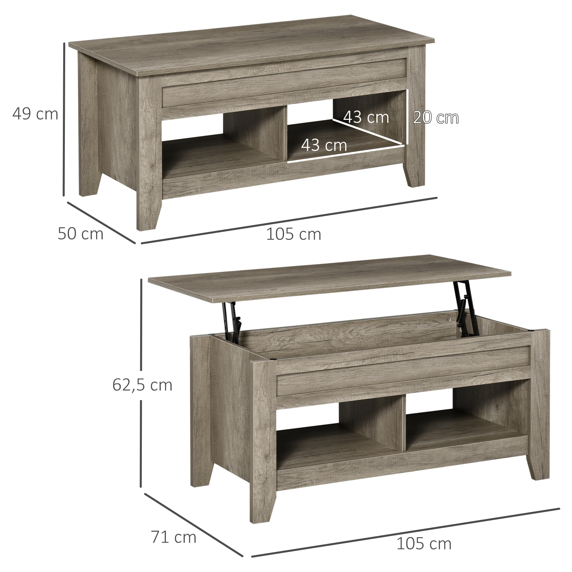 Table basse rectangulaire plateau relevable 2 niches et coffre panneaux particules aspect chêne clair