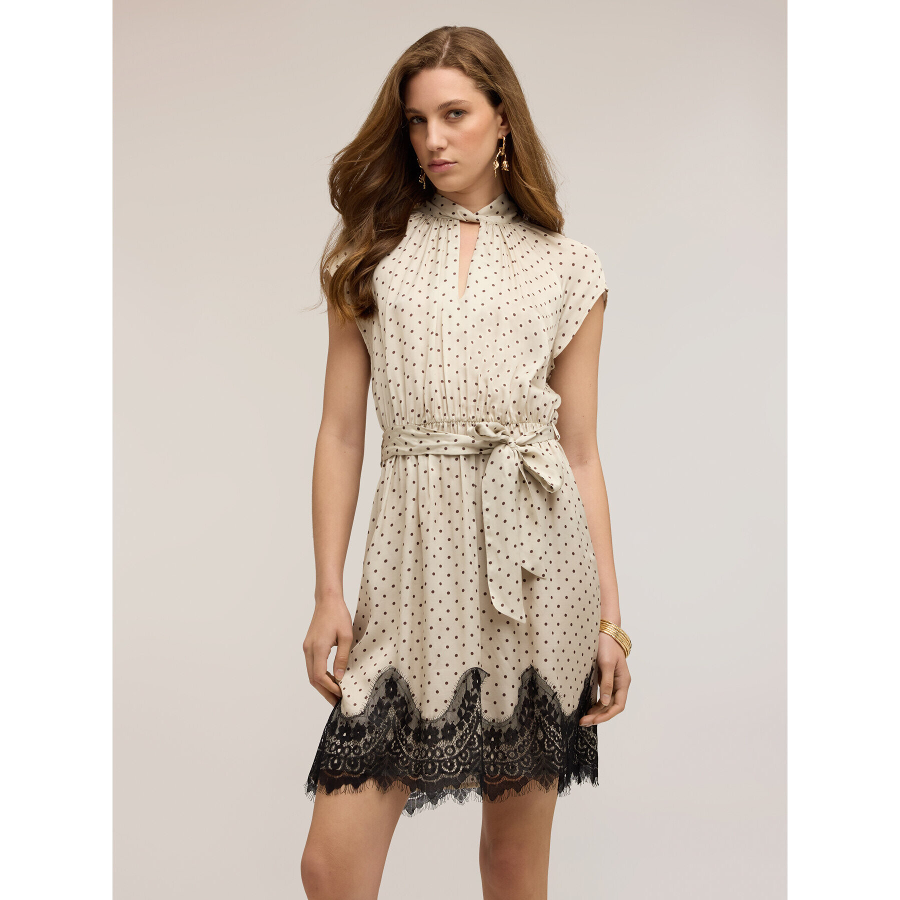 Motivi - Vestido de satén de lunares con encaje - Blanco