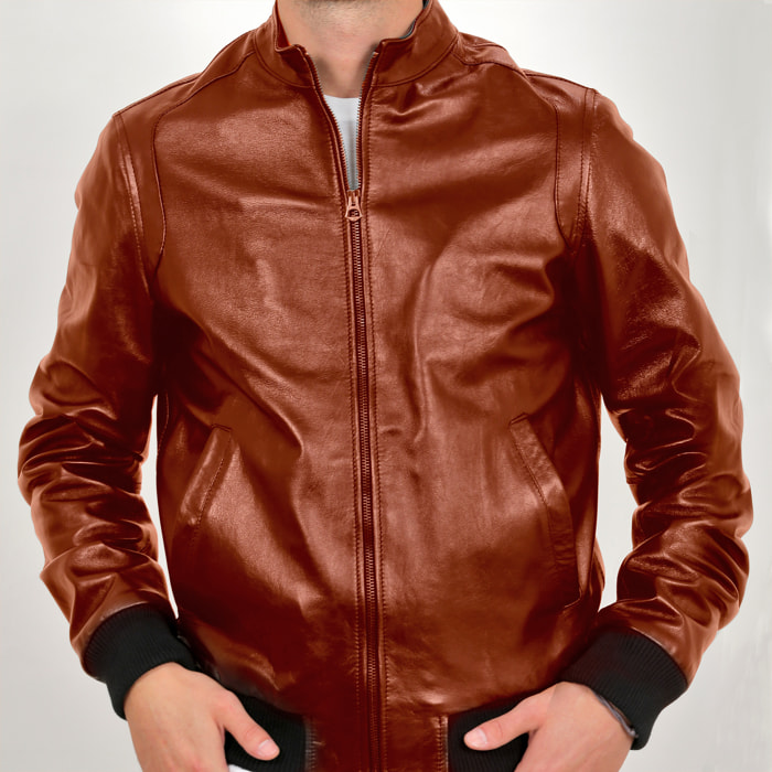 Giubbino in vera pelle di vitello Cuoio-Slim Fit