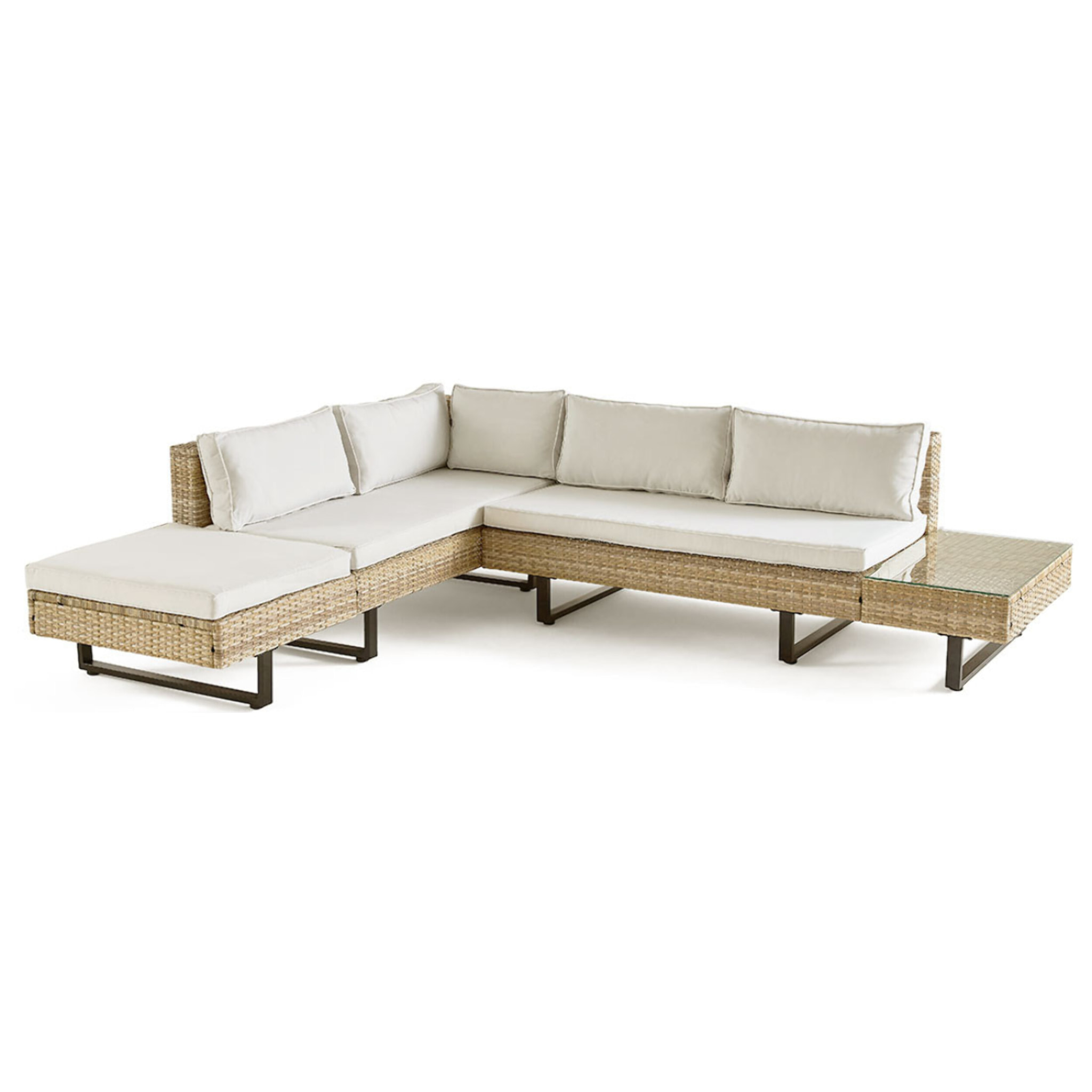 Sashi – salon de jardin d'angle en résine beige et grise – 5 places - coussins gris clair et table incluse - Gris