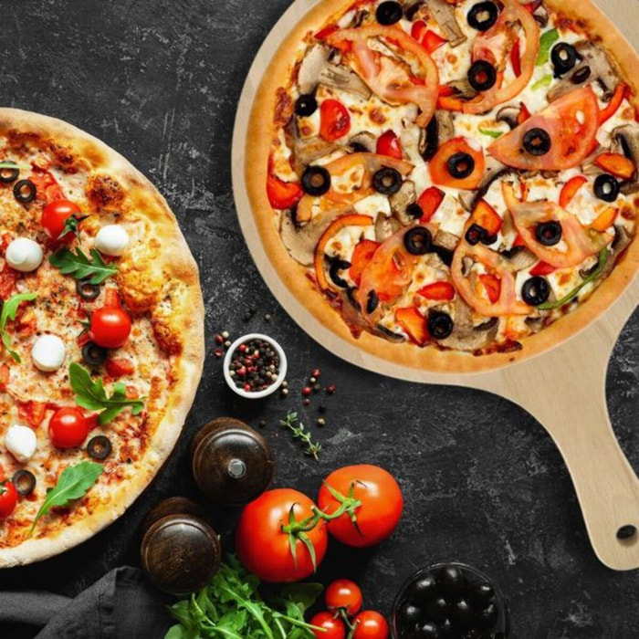 6 Planches à pizza et tarte flambée en bois 30 cm et Roulette à pizza en inox Fackelmann
