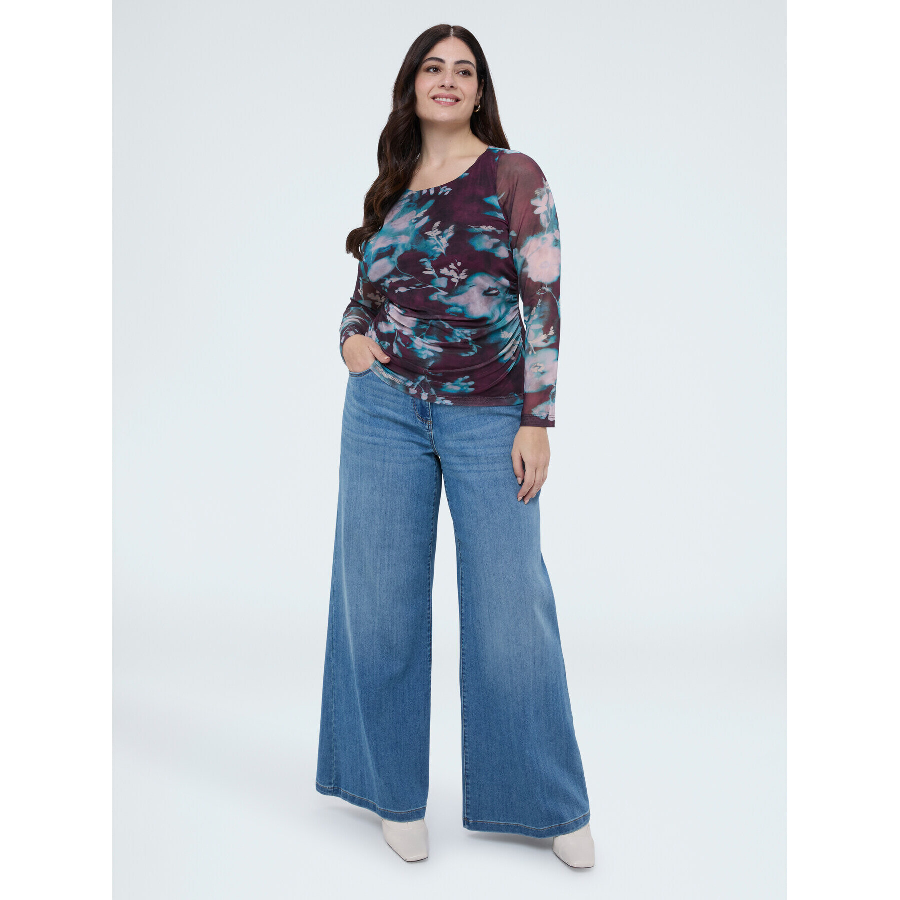 Fiorella Rubino - Camiseta de tul con estampado floral - Burgundy