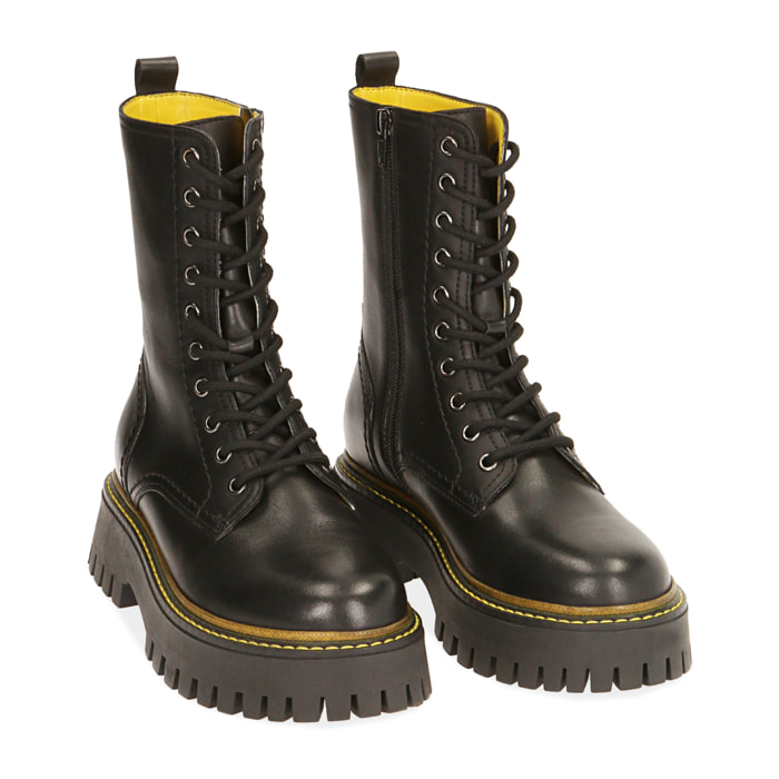 Botas militares de cuero negro/amarillo