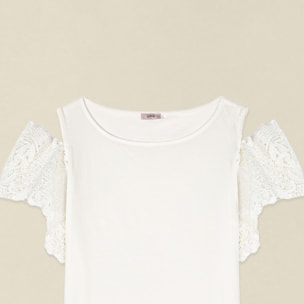 Oltre - Camiseta con mangas de encaje y cut-out - Blanco