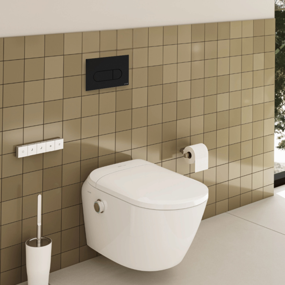 Pack WC lavant suspendu sans bride avec abattant et attentes électriques V-Care Ultra blanc + bâti autoportant V-Fix Easy + plaque noir mat