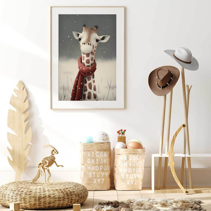 Affiche enfant girafe sous la neige  Affiche + cadre en bois - Chêne