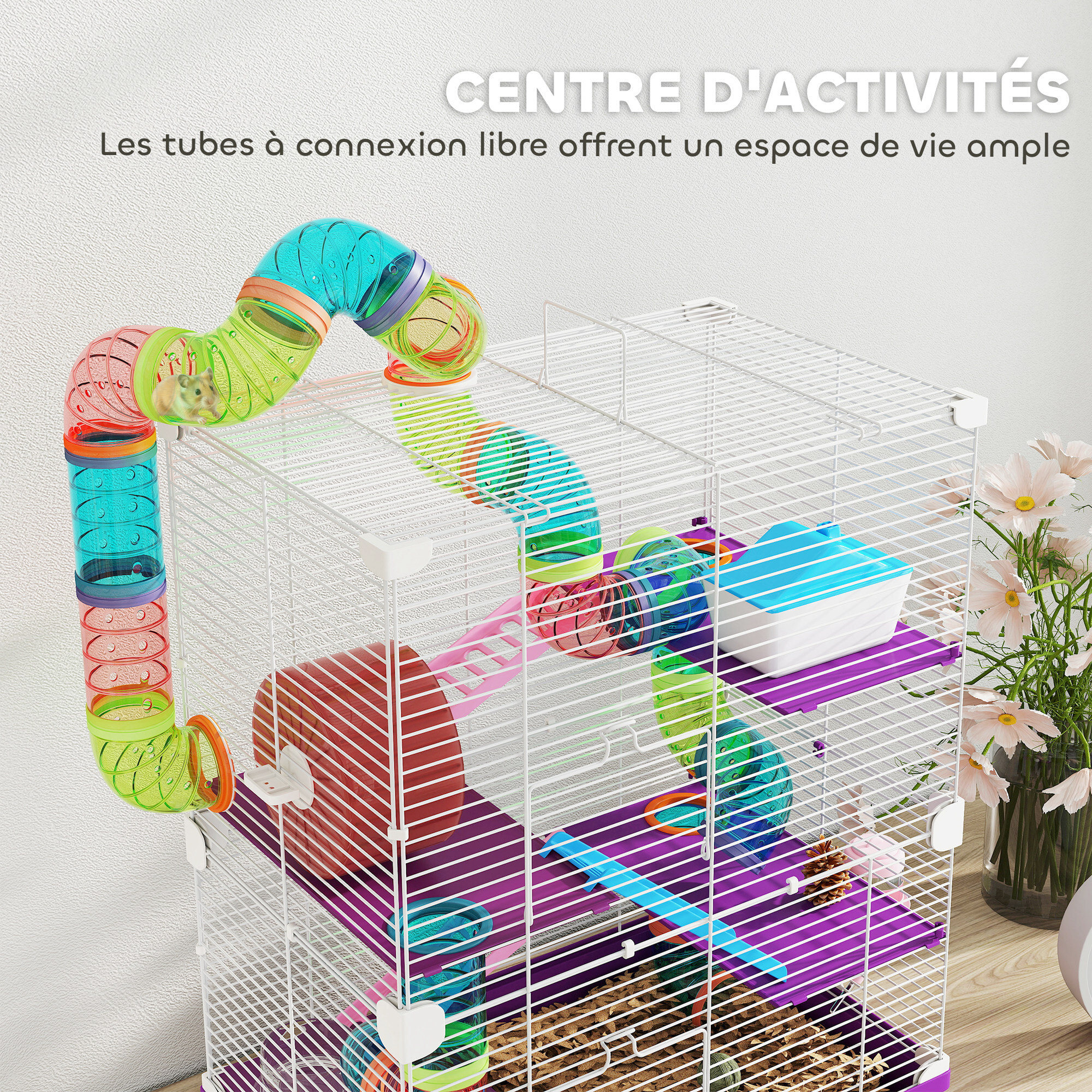 Cage pour hamster souris rongeur 4 étages avec tunnels mangeoire roue maison échelles dim. 46L x 30l x 58H cm violet