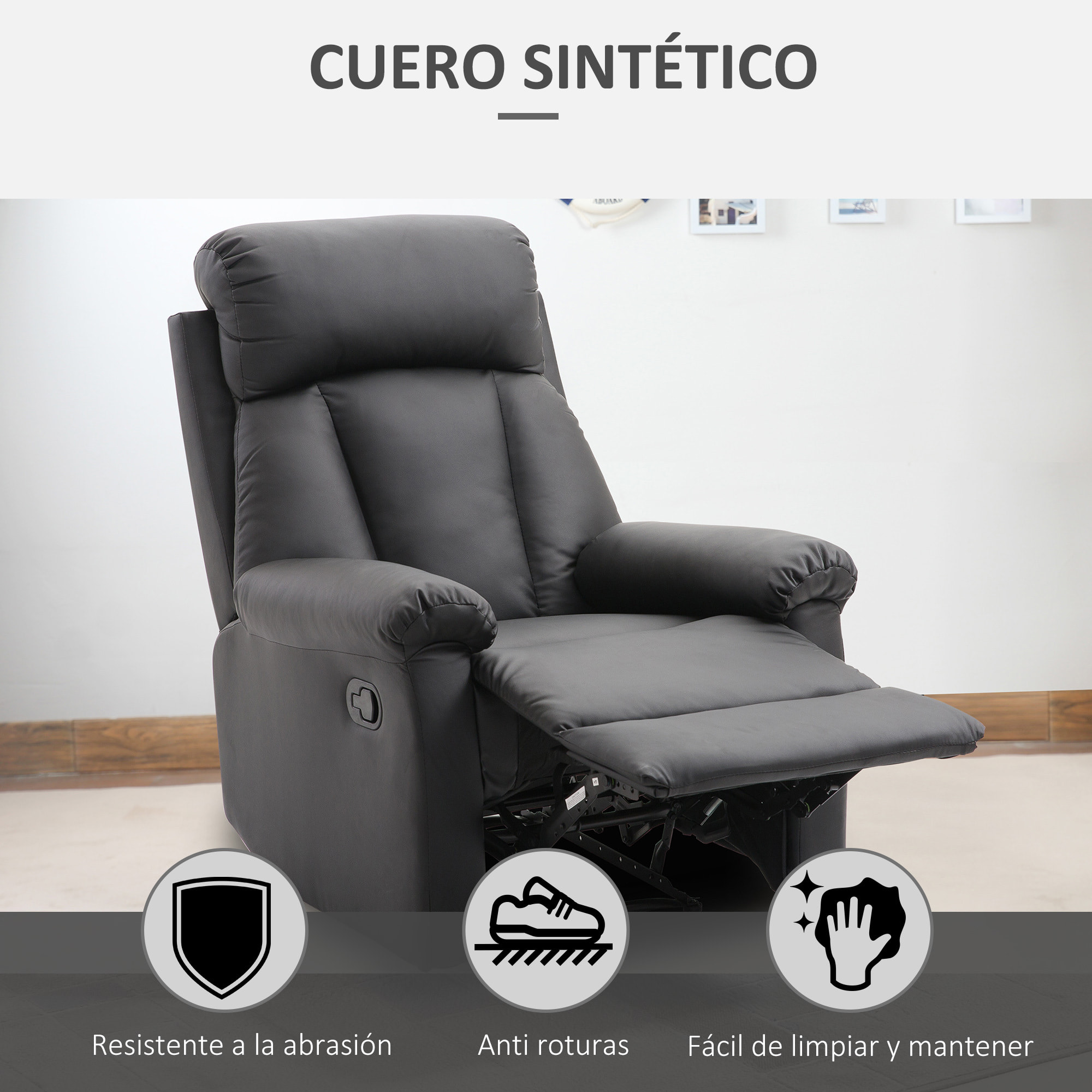 Sillón Relax Reclinable Tapizado en PU Butaca de Salón con Reposapiés Retráctil Respaldo Alto Resposabrazos y Asiento Acolchados Grueso 80x97x107 cm Negro