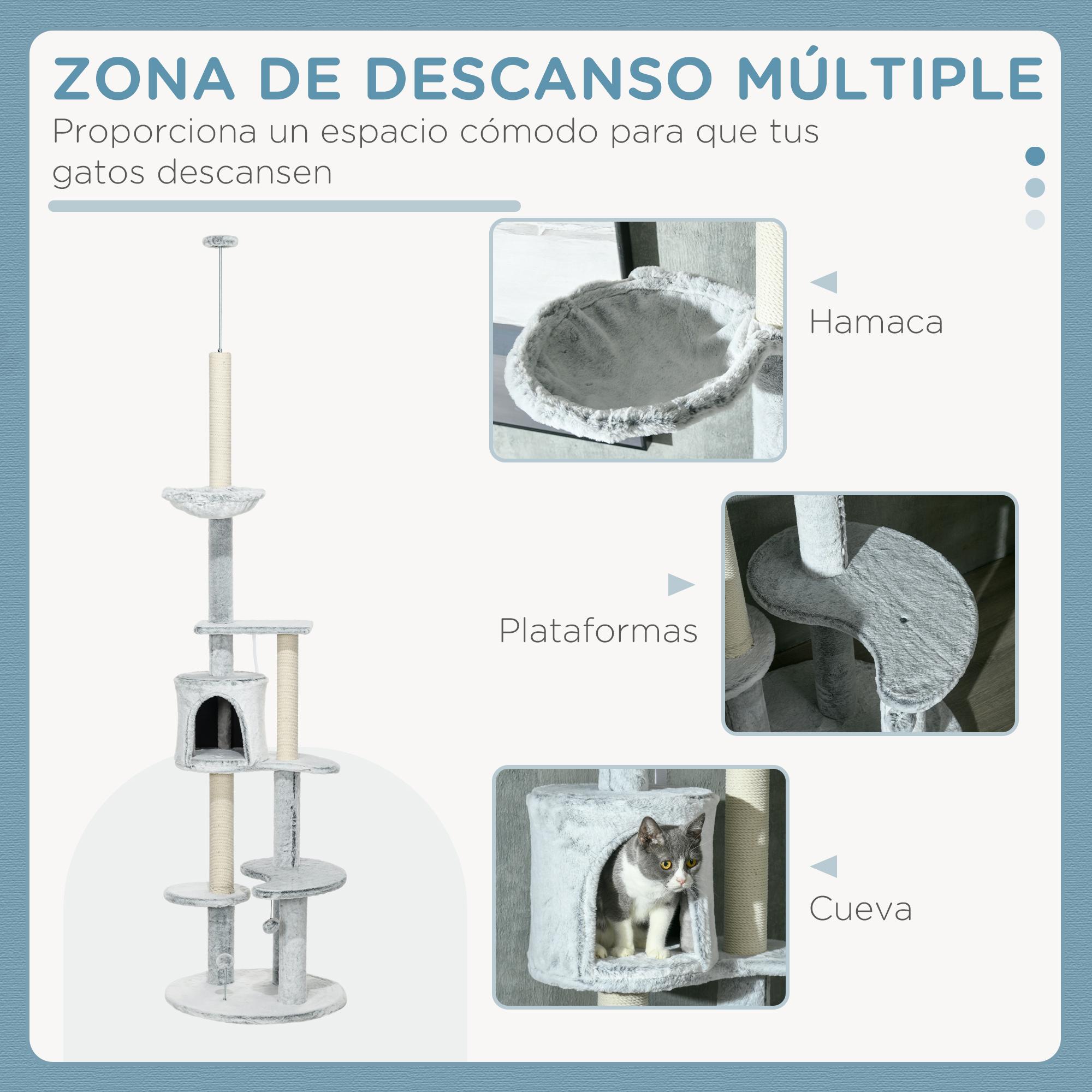 Árbol para Gatos de Suelo a Techo de 225-255 cm Torre para Gatos Ajustable en Altura con Cueva Plataformas Hamaca Postes Rascadores y Bolas Colgantes Ø60x225-255 cm Gris