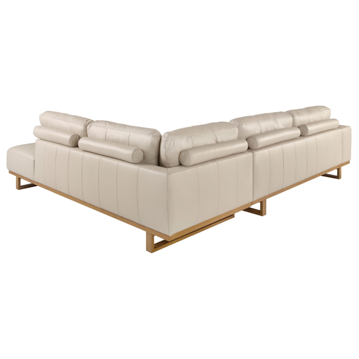 Sofá rinconera derecha de 5 plazas tapizado en piel de origen vacuno en arena patas de madera en miel 316x252x82cm