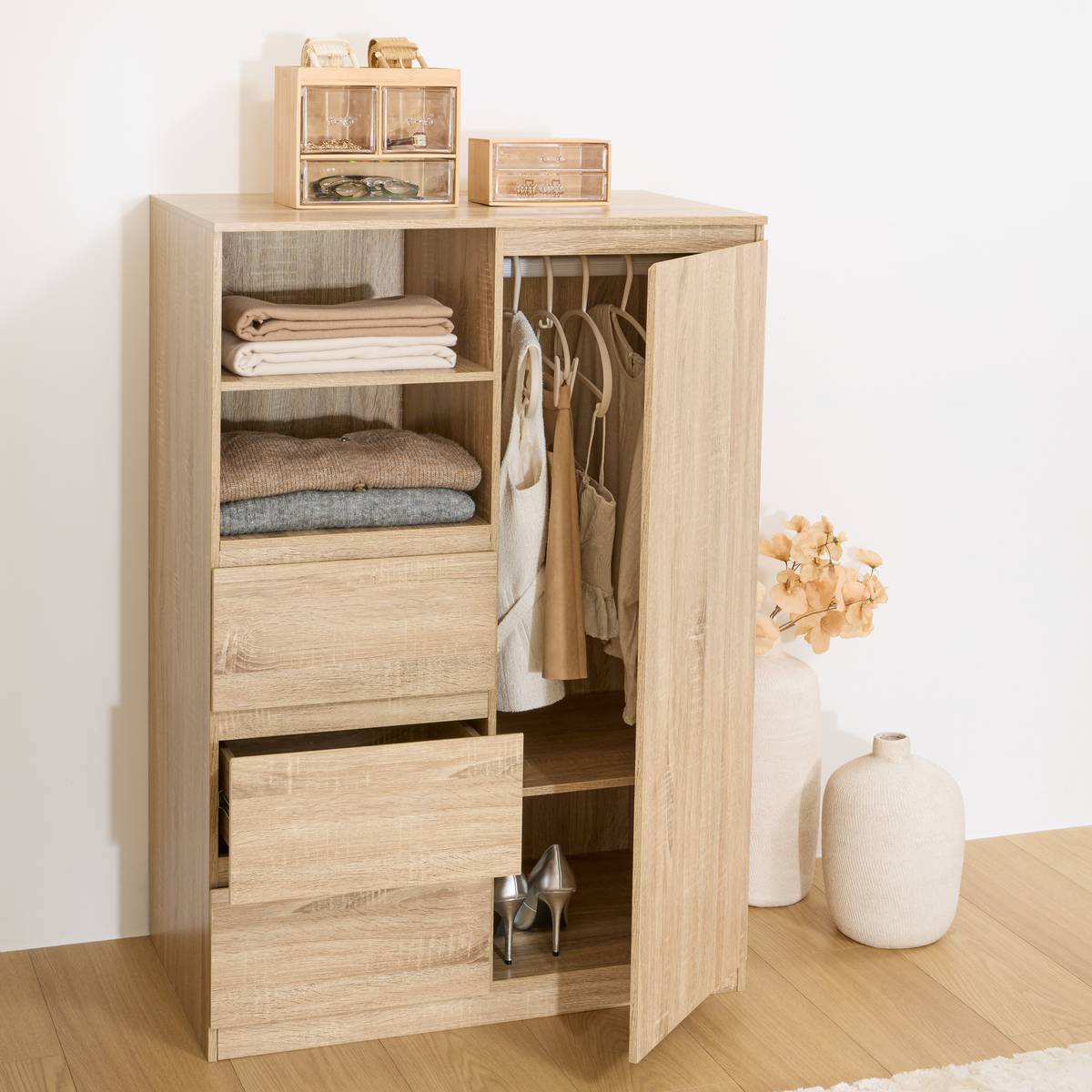 Penderie Dolo H.115cm 1 porte 3 tiroirs beige
