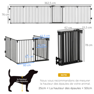 PawHut Barrière de sécurité - parc enclos chien modulable pliable - porte verrouillable - 6 panneaux acier et PP - dim. 362,5L max. x 76H cm noir