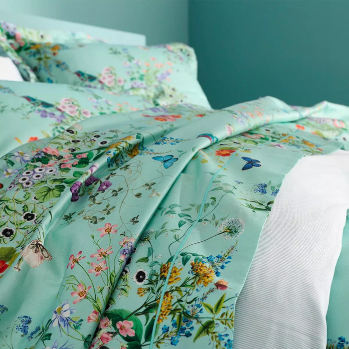 Drap plat satin de coton 115 g/m² imprimé bleu vert Le printemps azur