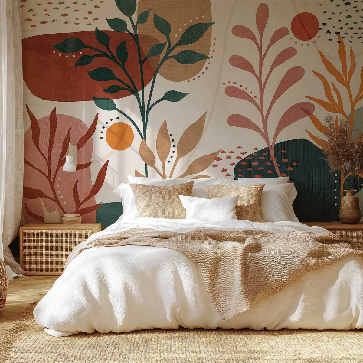 Papier peint végétal bohème terracotta et vert graphique Intissé