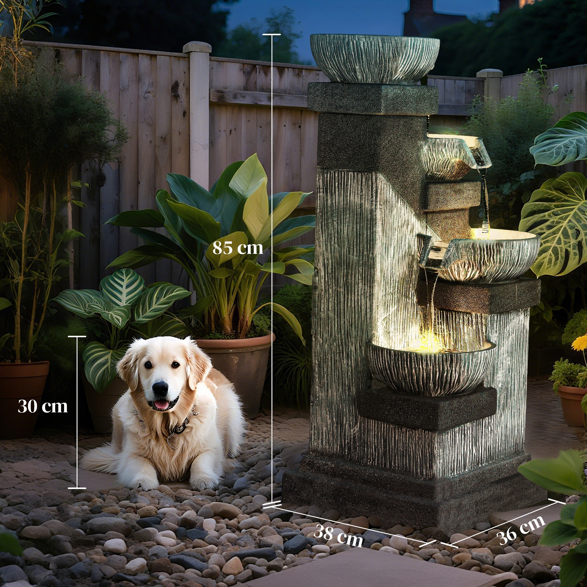 Fontaine de Jardin LED 4 niveaux résine - 38 x 36 x 85 cm - gris