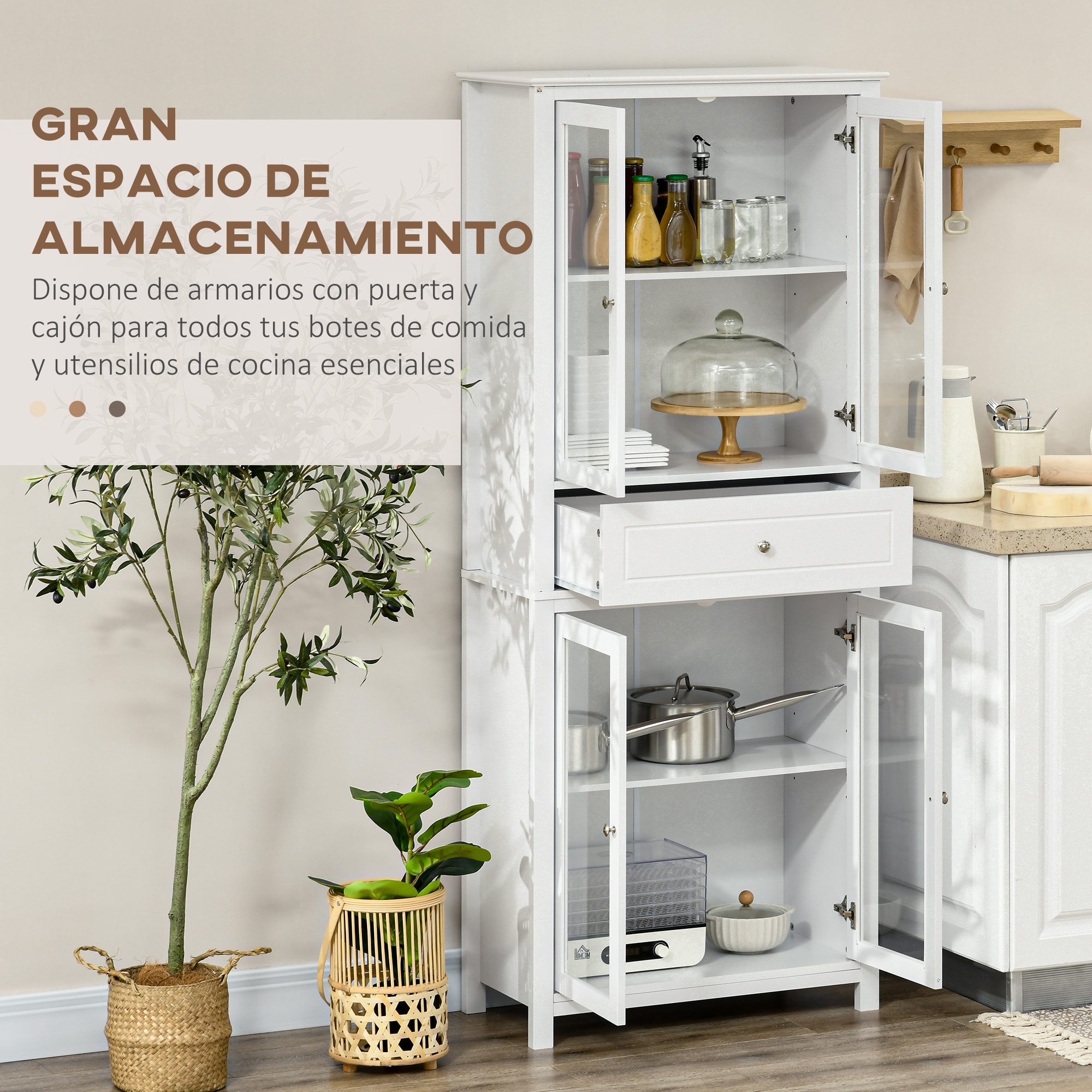 Alacena de Cocina Mueble Vitrina con 4 Puertas de Vidrio Templado Cajón y Estantes Ajustables para Salón Comedor 74x35,5x181,5 cm Blanco