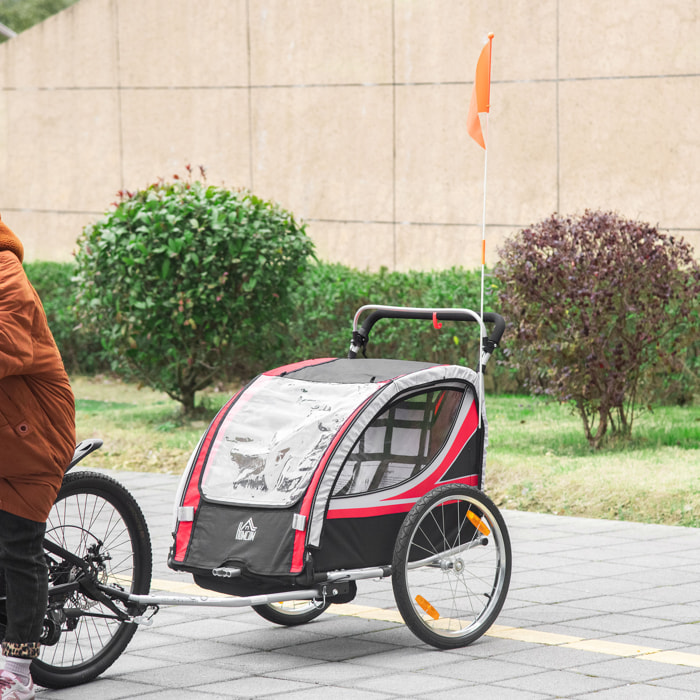 Remorque vélo jogger 2 en 1 pour enfant drapeau roue avant pivotante réflecteurs et barre d'attelage inclus rouge noir