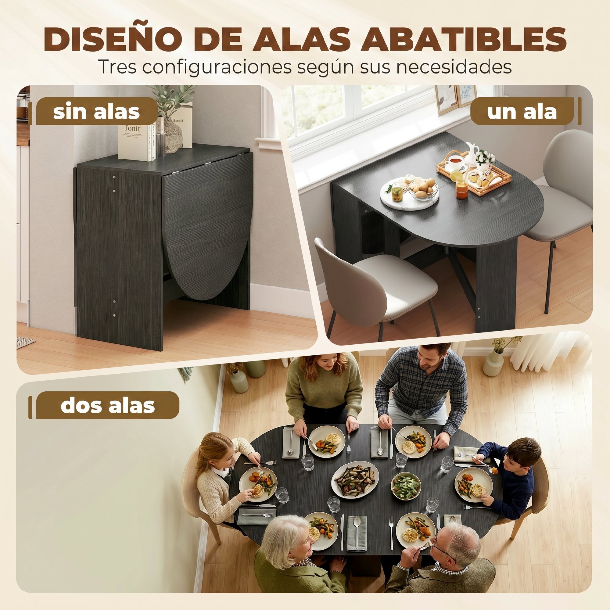 Mesa Plegable de Comedor, Mesa de Cocina Plegable Ovalada, 163x80x75 cm con Alas Abatibles, Hasta 6 Personas, para Comedor, Salón, Espacio Pequeño, Negro