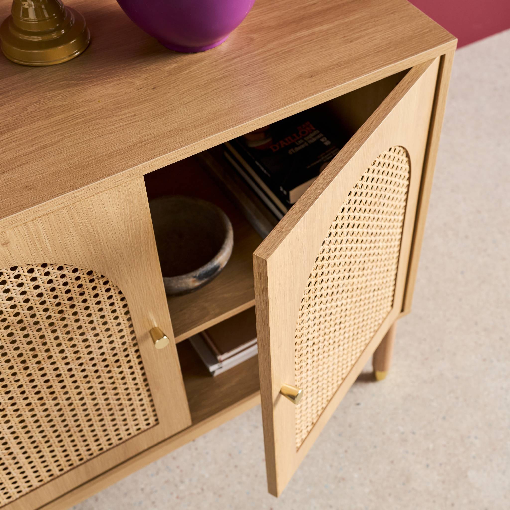 Buffet décor bois et cannage 3 portes teinte naturelle 120 x 40 x 75 cm - Judith