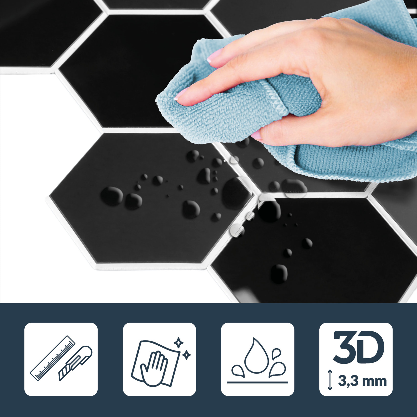 Crédence adhésive murale 3D  - Effet carrelage hexagonal 4 pièces - Noir