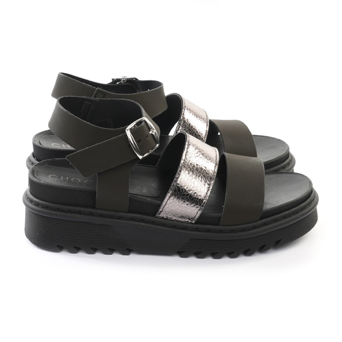 SANDALO FLATFORM TRE FASCE CHOCOLA' NERO
