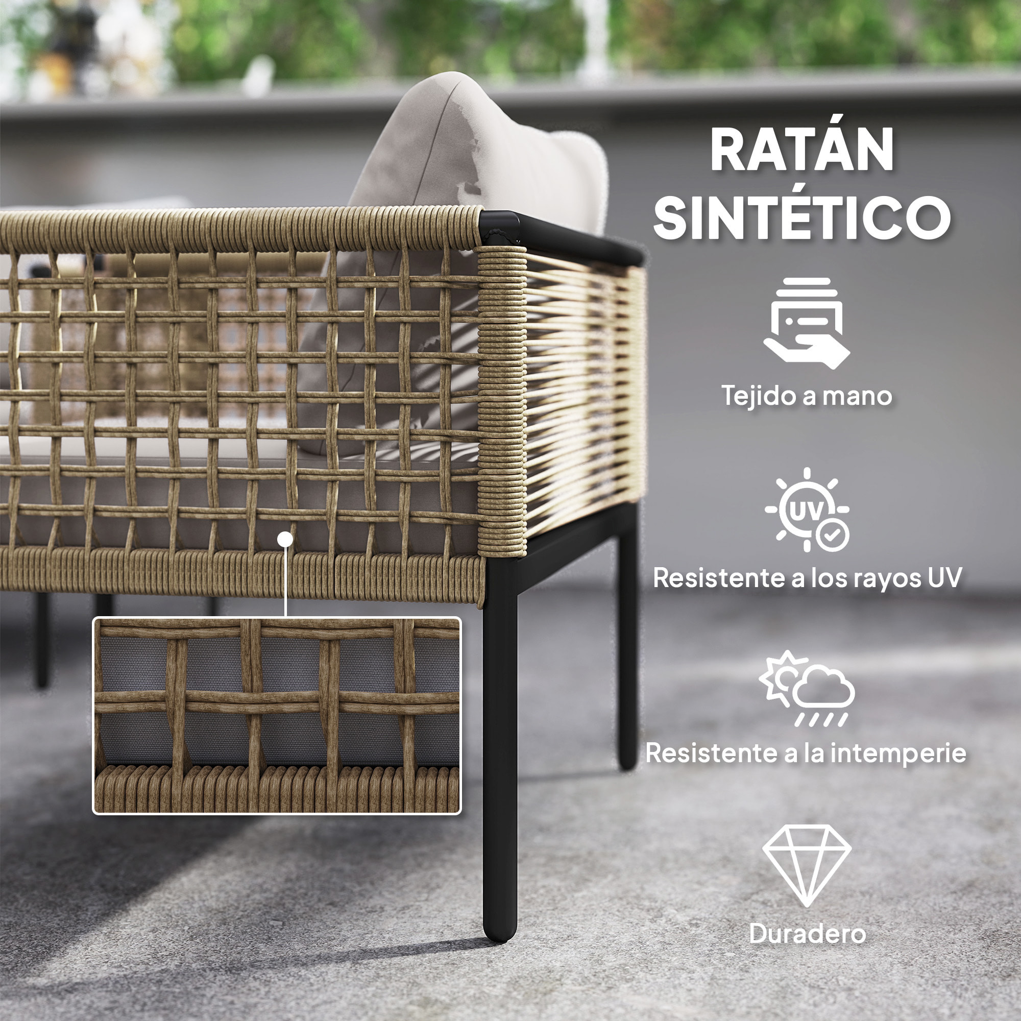 Conjunto de Jardín Exterior de Ratán Sintético de 4 Piezas Muebles de Jardín Exterior Incluye 1 Sofá Doble 2 Sillones y Mesa de Centro con Cojines Natural y Gris