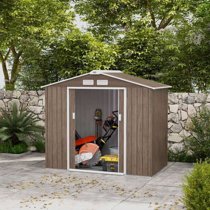 Cobertizo de Jardín 2,5m² con Base de Refuerzo Sin Suelo 213x130x185 cm Caseta de Jardín Exterior con 2 Puertas Correderas y 4 Ventanas para Almacenamiento de Herramientas Efecto Madera