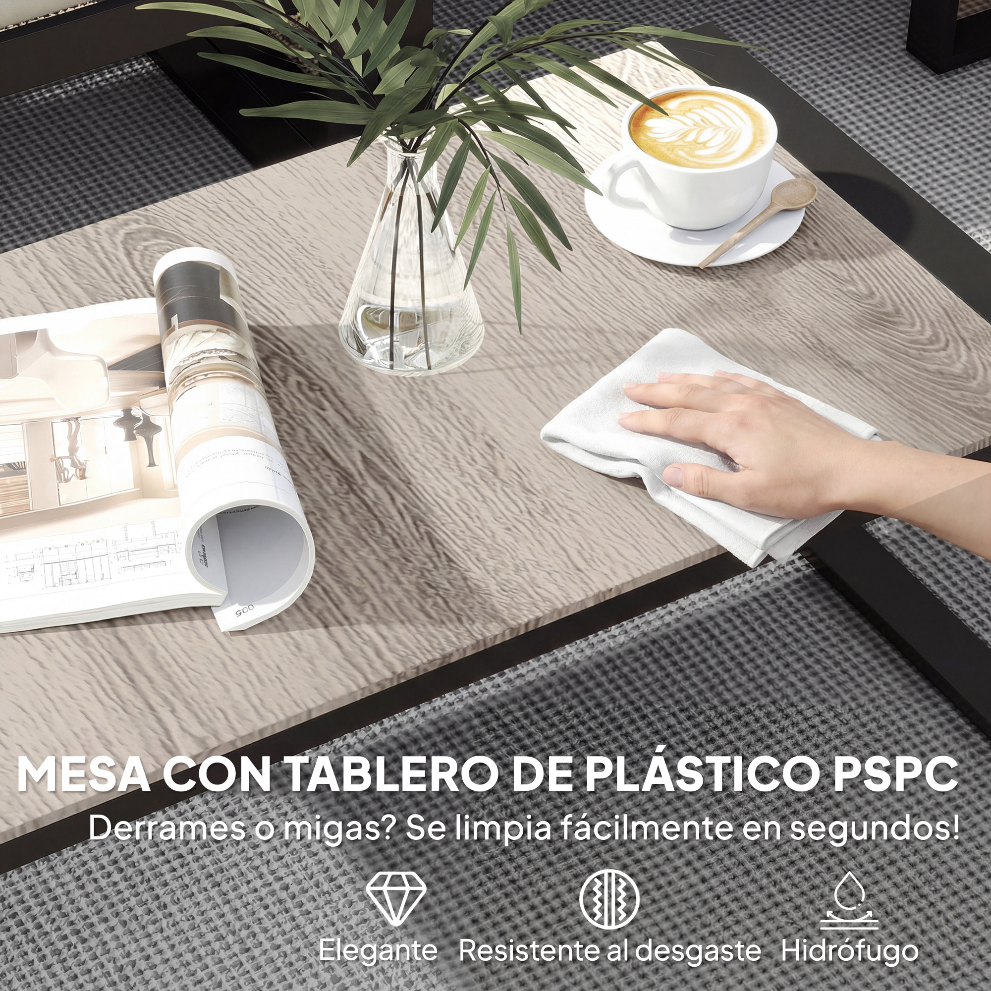 Conjunto de Jardín Exterior de 4 Piezas, Muebles Jardín Exterior con 2 Sofás de 2 Plazas, 1 Sillón sin Brazos y Mesa de Centro, Conjunto de Sofá con Estructura de Acero y Cojines, Caqui