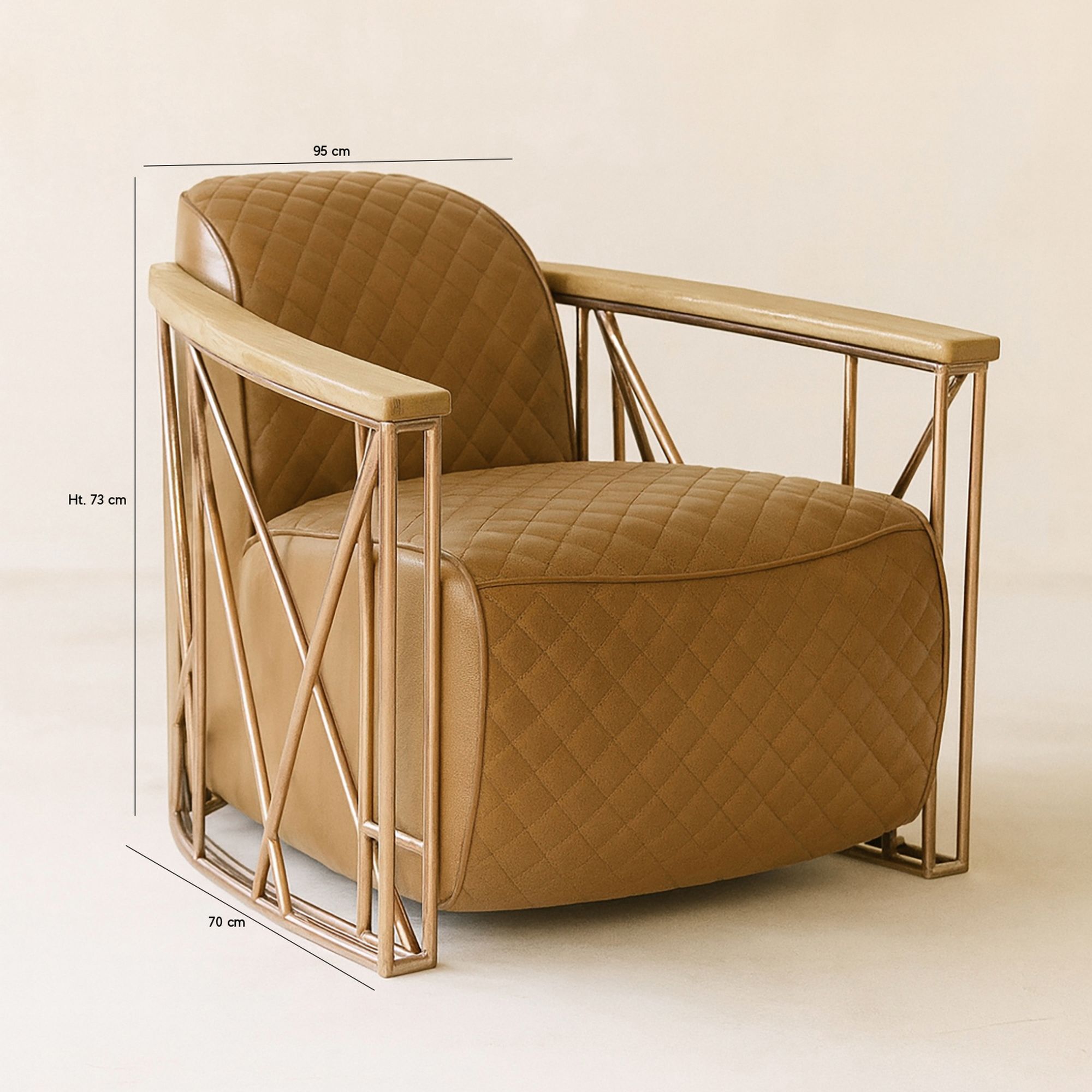 Fauteuil cuir noisette matelassé et structure inox cuivré ENNIO