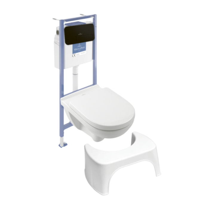 Pack WC sans bride O novo avec abattant frein de chute + bâti Viconnect PRO + plaque noir mat  + Tabouret blanc